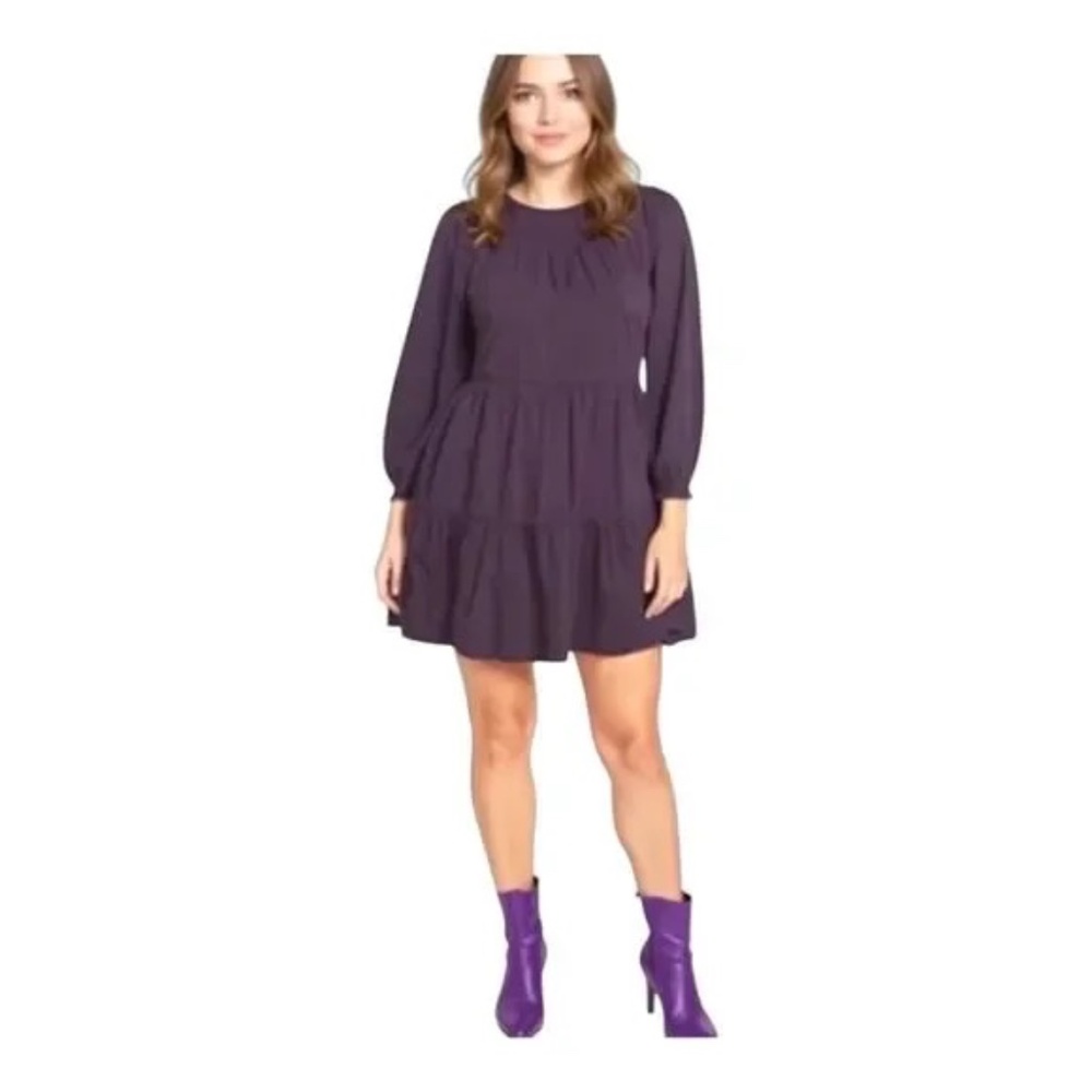 Old Navy Mini Dress L Purple Smocked Tiered Long Sleeve Boho Cotton Blend Pocket